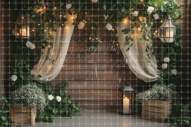 Boho Barn Draped Wedding digital backdrop and photo booth background for Ceremony Photo Booth Farm Event Decor and Rustic Background, ideal for event decor, local printing, projector screens, LED displays, and themed stage backgrounds.