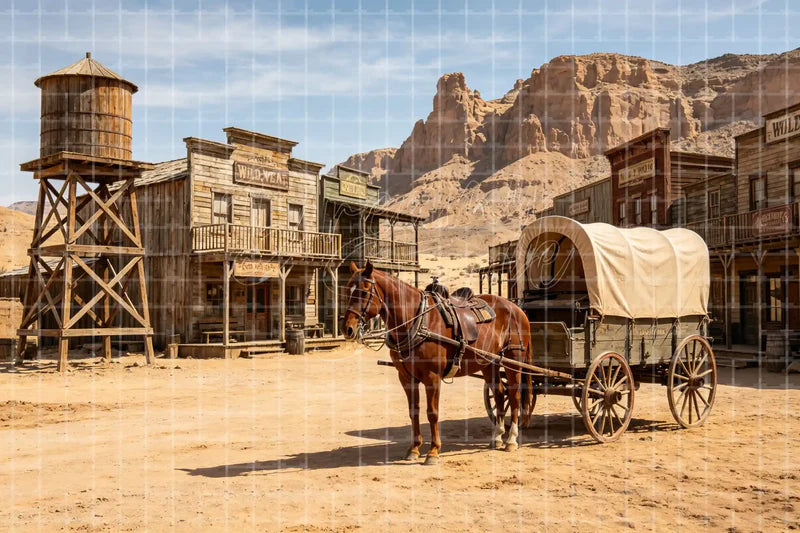 Western Town Wagon digital backdrop and photo booth background for Cowboy Photo Booth Country Event Decor and Stage Scenery, ideal for event decor, local printing, projector screens, LED displays, and themed stage backgrounds.