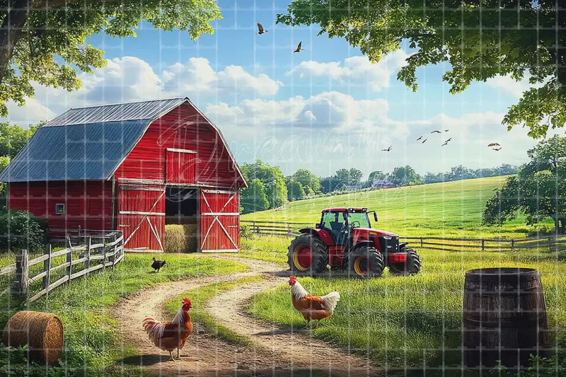Red Barn Tractor Farm digital backdrop and photo booth background for Country Photo Booth Harvest Event Decor and Stage Background, ideal for event decor, local printing, projector screens, LED displays, and themed stage backgrounds.