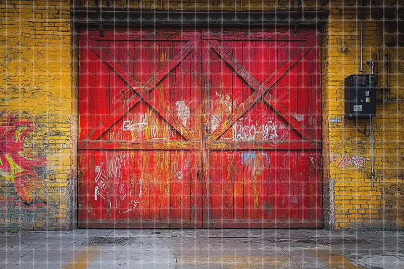 Red Industrial Barn Door digital backdrop and photo booth background for Rustic Photo Booth Farm Event Decor and Studio Background, ideal for event decor, local printing, projector screens, LED displays, and themed stage backgrounds.