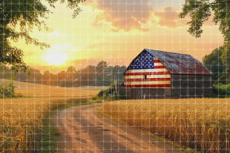 American Flag Farm Road digital backdrop and photo booth background for Patriotic Photo Booth Country Event Decor and Stage Background, ideal for event decor, local printing, projector screens, LED displays, and themed stage backgrounds.