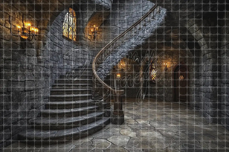 Stone Dungeon Staircase digital backdrop and photo booth background for Gothic Photo Booth Halloween Event Decor and Theatre Stage Scene, ideal for event decor, local printing, projector screens, LED displays, and themed stage backgrounds.