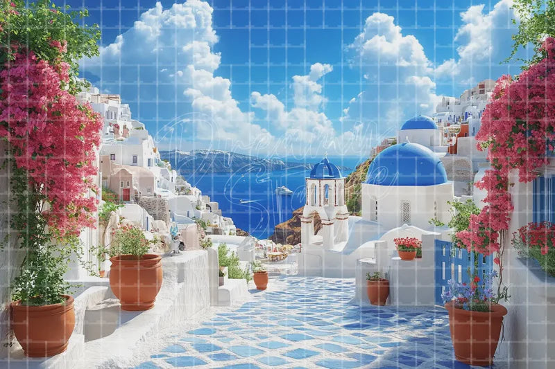 Santorini White Street digital backdrop and photo booth background for Greece Photo Booth Travel Wedding Event and Summer Decor, ideal for event decor, local printing, projector screens, LED displays, and themed stage backgrounds.