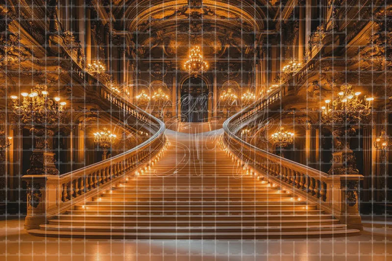 Golden Palace Staircase digital backdrop and photo booth background for Luxury Photo Booth Wedding Event Decor and Theatre Stage Scene, ideal for event decor, local printing, projector screens, LED displays, and themed stage backgrounds.