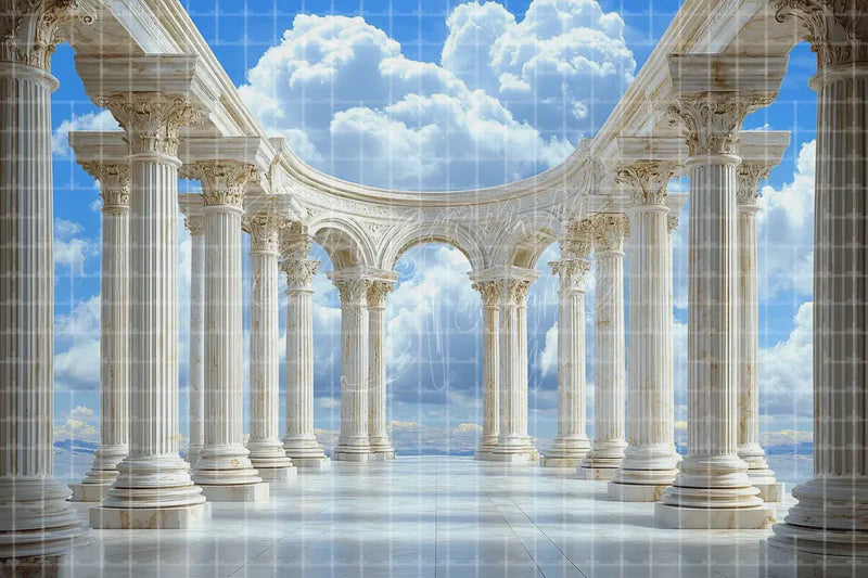 White Cloud Column Hall digital backdrop and photo booth background for Heavenly Photo Booth Wedding Event Decor and Stage Background, ideal for event decor, local printing, projector screens, LED displays, and themed stage backgrounds.