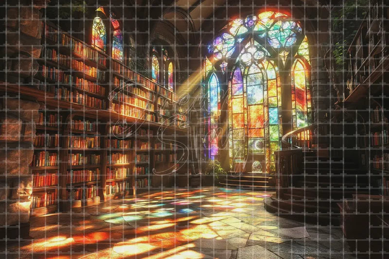 Library Stained Glass digital backdrop and photo booth background for Vintage Photo Booth Academic Event Decor and Theatre Stage Interior, ideal for event decor, local printing, projector screens, LED displays, and themed stage backgrounds.