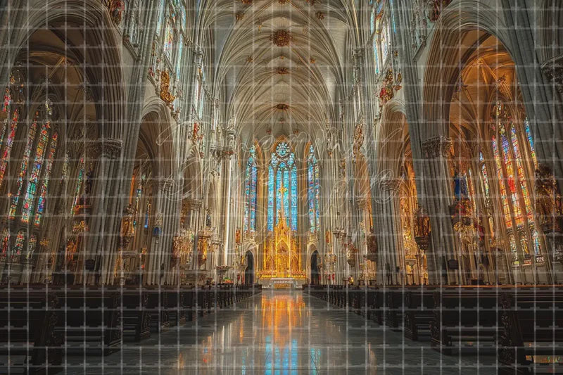 Cathedral Interior Stained Glass digital backdrop and photo booth background for Church Photo Booth Wedding Event and Theatre Stage Scene, ideal for event decor, local printing, projector screens, LED displays, and themed stage backgrounds.