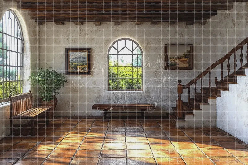 Rustic Interior Staircase digital backdrop and photo booth background for Home Photo Booth Vintage Event Decor and Theatre Stage Scene, ideal for event decor, local printing, projector screens, LED displays, and themed stage backgrounds.