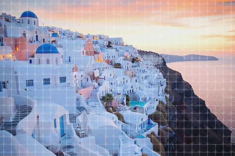 Santorini Cliffside Village digital backdrop and photo booth background for Greece Photo Booth Travel Event Decor and Summer Background, ideal for event decor, local printing, projector screens, LED displays, and themed stage backgrounds.