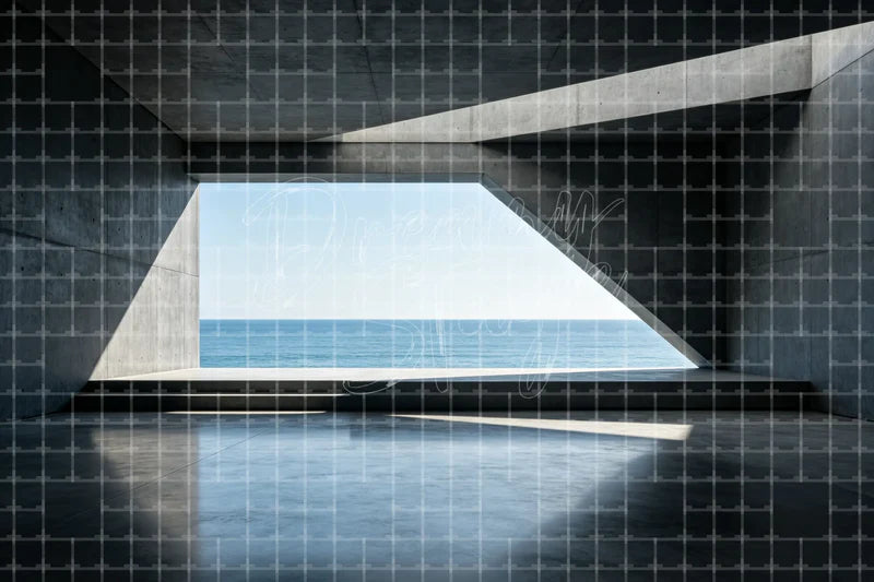 Modern Concrete Window Ocean digital backdrop and photo booth background for Minimal Photo Booth Event Decor and Contemporary Stage, ideal for event decor, local printing, projector screens, LED displays, and themed stage backgrounds.