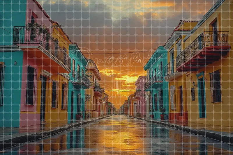 Colorful Canal Street digital backdrop and photo booth background for Caribbean Travel Photo Booth Event Decor and Theatre Background, ideal for event decor, local printing, projector screens, LED displays, and themed stage backgrounds.