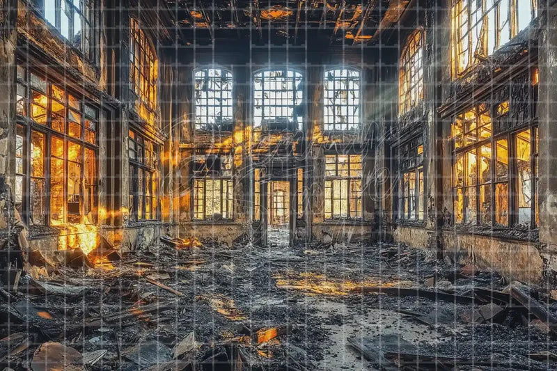 Ruined Building Interior digital backdrop and photo booth background for Post Apocalyptic Photo Booth Halloween Event and Theatre Stage, ideal for event decor, local printing, projector screens, LED displays, and themed stage backgrounds.