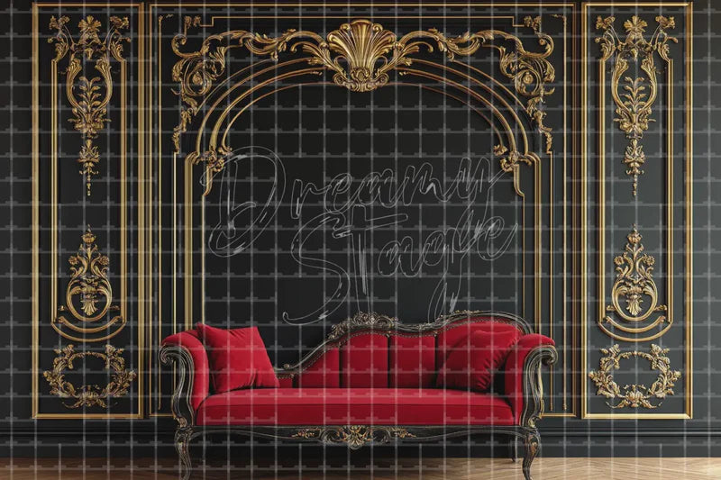 Black Gold Wall Red Sofa digital backdrop and photo booth background for Luxury Photo Booth Lounge Event Decor and Vintage Stage, ideal for event decor, local printing, projector screens, LED displays, and themed stage backgrounds.