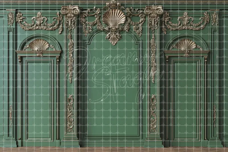 Green Ornate Wall Panel digital backdrop and photo booth background for Vintage Photo Booth Wedding Event Decor and Theatre Interior, ideal for event decor, local printing, projector screens, LED displays, and themed stage backgrounds.