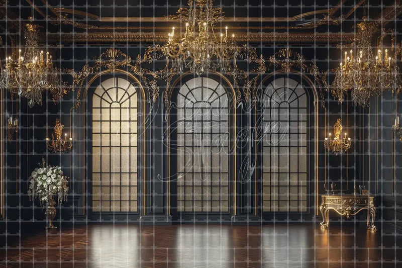 Dark Window Chandelier digital backdrop and photo booth background for Luxury Photo Booth Gothic Event Decor and Theatre Stage Interior, ideal for event decor, local printing, projector screens, LED displays, and themed stage backgrounds.