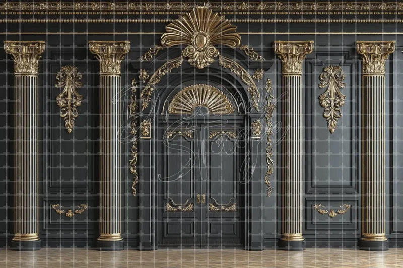 Black Gold Ornate Door Panel digital backdrop and photo booth background for Luxury Photo Booth Event Decor and Theatre Stage, ideal for event decor, local printing, projector screens, LED displays, and themed stage backgrounds.