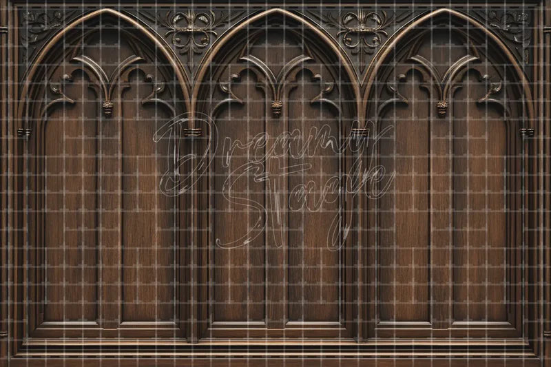 Gothic Wooden Arch Panel digital backdrop and photo booth background for Medieval Photo Booth Event Decor and Theatre Stage Scene, ideal for event decor, local printing, projector screens, LED displays, and themed stage backgrounds.