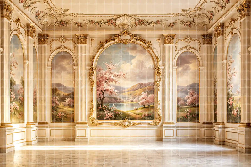 Gilded Art Gallery digital backdrop and photo booth background for Palace Photo Booth Museum Event Decor and Theatre Stage Interior, ideal for event decor, local printing, projector screens, LED displays, and themed stage backgrounds.