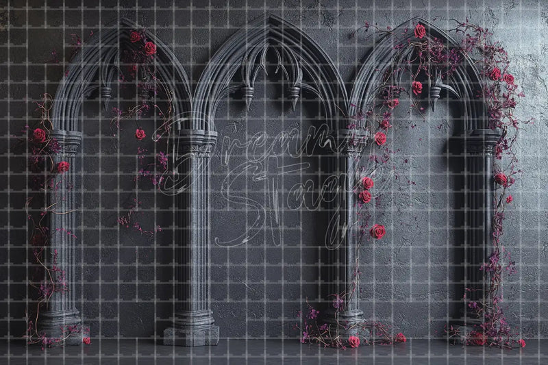 Black Gothic Arch Rose digital backdrop and photo booth background for Romantic Halloween Photo Booth Event Decor and Stage Background, ideal for event decor, local printing, projector screens, LED displays, and themed stage backgrounds.
