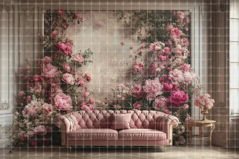 Vintage Floral Sofa digital backdrop and photo booth background for Bridal Photo Booth Tea Party Event Decor and Romantic Interior, ideal for event decor, local printing, projector screens, LED displays, and themed stage backgrounds.