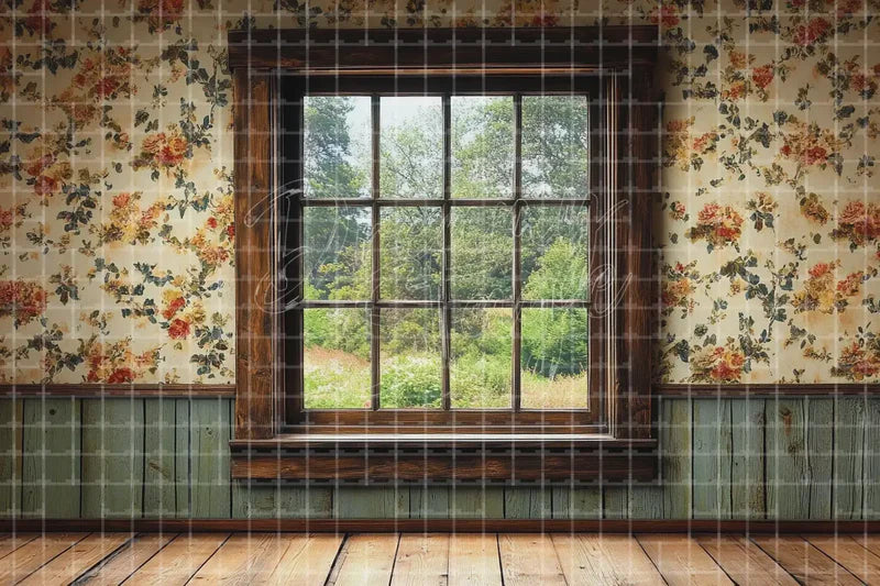 Floral Window Room digital backdrop and photo booth background for Cottage Photo Booth Garden Event Decor and Stage Interior, ideal for event decor, local printing, projector screens, LED displays, and themed stage backgrounds.