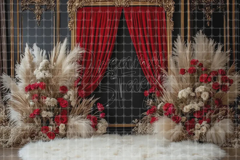 Winter Red Curtain Floral digital backdrop and photo booth background for Christmas Photo Booth Holiday Event Decor and Stage Background, ideal for event decor, local printing, projector screens, LED displays, and themed stage backgrounds.