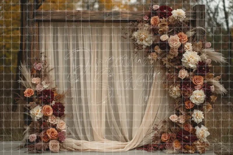 Boho Floral Draped digital backdrop and photo booth background for Wedding Photo Booth Rustic Event Decor and Ceremony Background, ideal for event decor, local printing, projector screens, LED displays, and themed stage backgrounds.