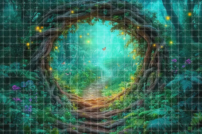 Glowing Magical Forest Portal digital backdrop and photo booth background for Fantasy Photo Booth Event Decor and Theatre Stage, ideal for event decor, local printing, projector screens, LED displays, and themed stage backgrounds.