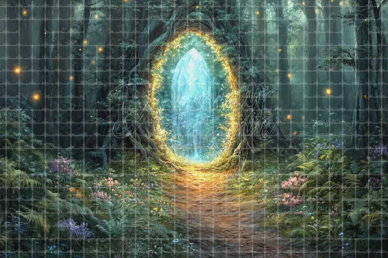 Enchanted Forest Mirror Portal digital backdrop and photo booth background for Fairy Tale Photo Booth Event Decor and Stage Scene, ideal for event decor, local printing, projector screens, LED displays, and themed stage backgrounds.