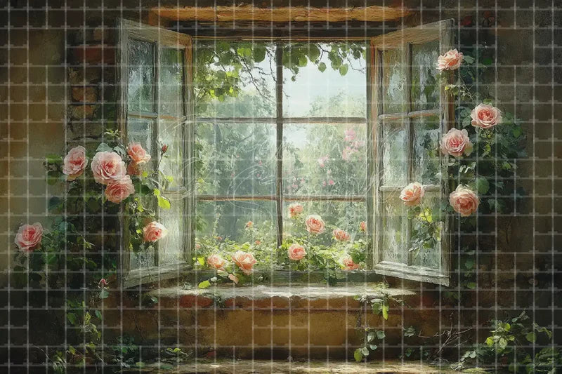 Rustic Floral Window digital backdrop and photo booth background for Cottage Photo Booth Garden Event Decor and Vintage Background, ideal for event decor, local printing, projector screens, LED displays, and themed stage backgrounds.