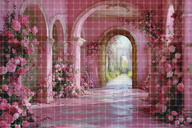 Pink Garden Arch Corridor digital backdrop and photo booth background for Romantic Photo Booth Wedding Event Decor and Fairy Tale Stage, ideal for event decor, local printing, projector screens, LED displays, and themed stage backgrounds.