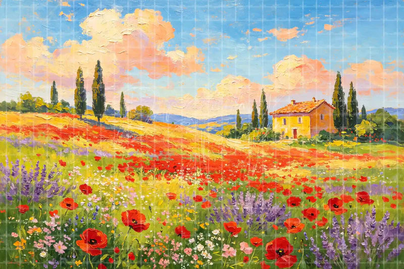 Poppy Field Tuscan Landscape digital backdrop and photo booth background for Garden Photo Booth Spring Event Decor and Stage Background, ideal for event decor, local printing, projector screens, LED displays, and themed stage backgrounds.