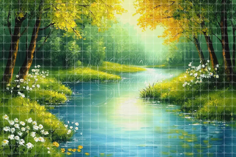 Sunny River Forest digital backdrop and photo booth background for Nature Photo Booth Outdoor Event Decor and Stage Background, ideal for event decor, local printing, projector screens, LED displays, and themed stage backgrounds.