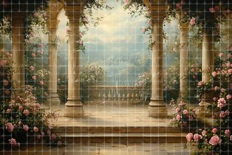 Rose Terrace Column digital backdrop and photo booth background for Garden Wedding Photo Booth Event Decor and Theatre Stage Scene, ideal for event decor, local printing, projector screens, LED displays, and themed stage backgrounds.