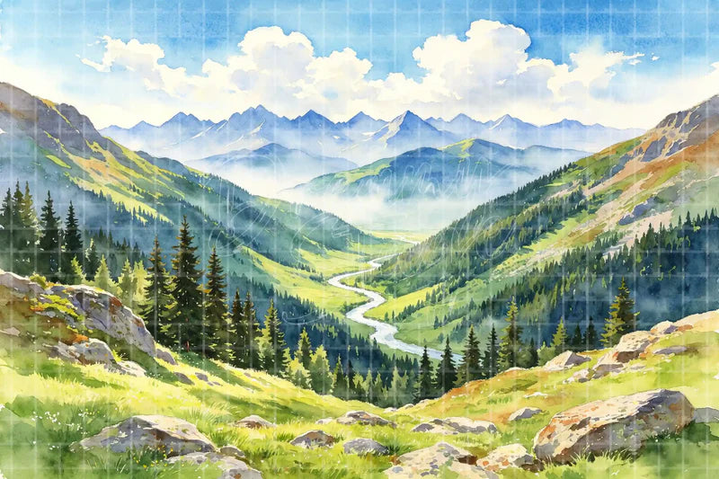 Mountain Valley Wildflower digital backdrop and photo booth background for Nature Photo Booth Outdoor Event Decor and Stage Projection, ideal for event decor, local printing, projector screens, LED displays, and themed stage backgrounds.