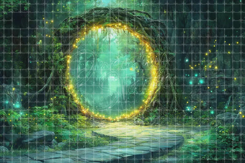 Magical Green Forest Portal digital backdrop and photo booth background for Fantasy Photo Booth Event Decor and Theatre Stage Scene, ideal for event decor, local printing, projector screens, LED displays, and themed stage backgrounds.
