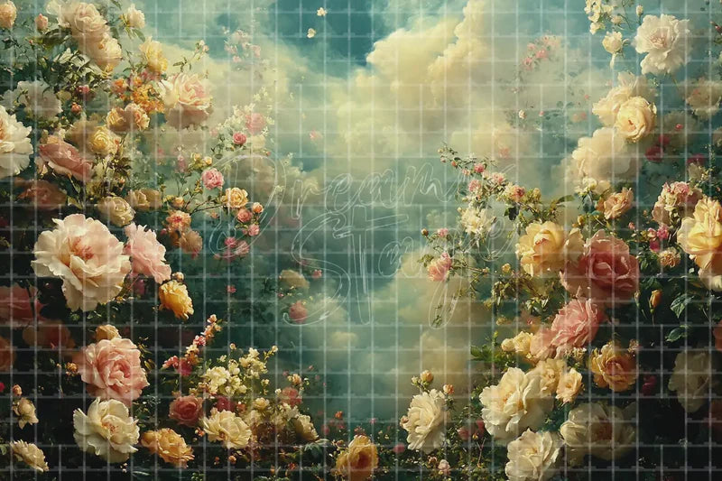 Moody Floral Cloud digital backdrop and photo booth background for Romantic Photo Booth Wedding Event Decor and Fine Art Background, ideal for event decor, local printing, projector screens, LED displays, and themed stage backgrounds.