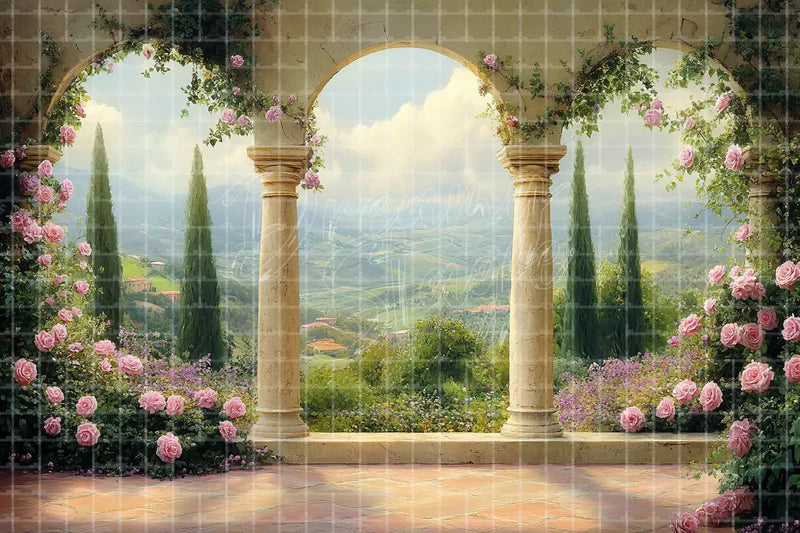 Floral Arch Terrace View digital backdrop and photo booth background for Wedding Photo Booth Garden Event Decor and Romantic Stage, ideal for event decor, local printing, projector screens, LED displays, and themed stage backgrounds.