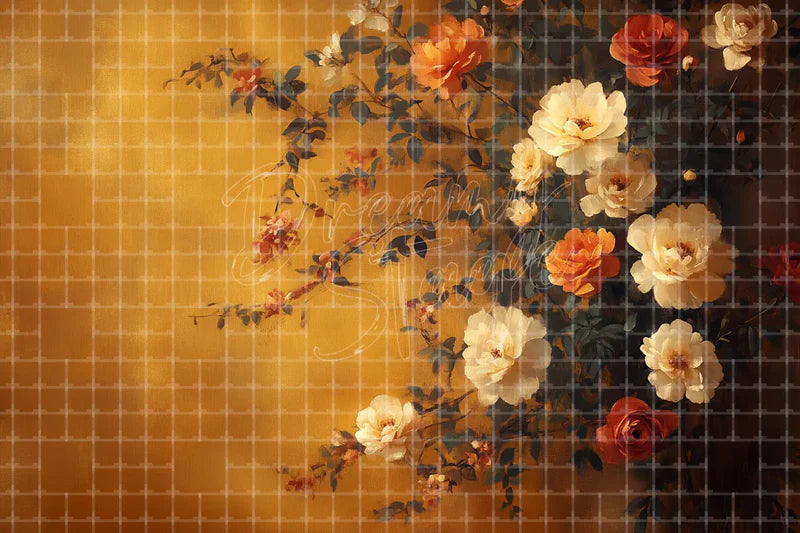 Golden Floral Texture digital backdrop and photo booth background for Fall Photo Booth Wedding Event Decor and Vintage Background, ideal for event decor, local printing, projector screens, LED displays, and themed stage backgrounds.