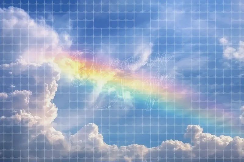 Rainbow Cloud Sky digital backdrop and photo booth background for Kids Party Photo Booth Spring Event Decor and Stage Background, ideal for event decor, local printing, projector screens, LED displays, and themed stage backgrounds.