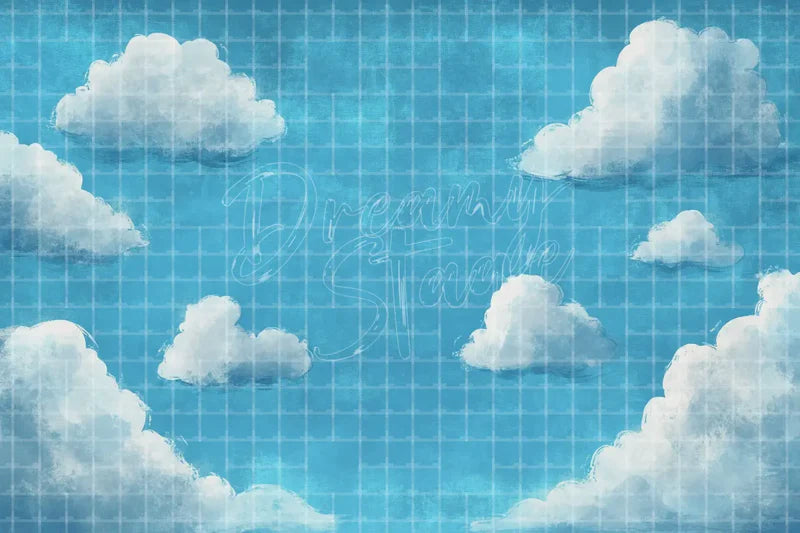 Cartoon Blue Sky Cloud digital backdrop and photo booth background for Kids Photo Booth Birthday Event Decor and Stage Background, ideal for event decor, local printing, projector screens, LED displays, and themed stage backgrounds.