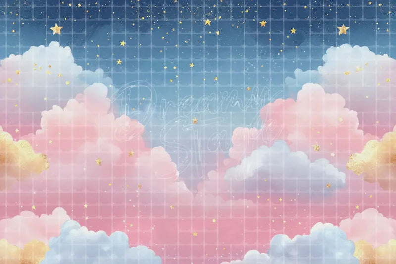 Pink Clouds Stars digital backdrop and photo booth background for Dreamy Photo Booth Baby Shower Event Decor and Stage Background, ideal for event decor, local printing, projector screens, LED displays, and themed stage backgrounds.