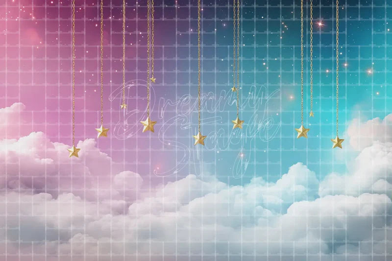 Hanging Stars Cloud digital backdrop and photo booth background for Celestial Photo Booth Baby Shower Event Decor and Stage Background, ideal for event decor, local printing, projector screens, LED displays, and themed stage backgrounds.