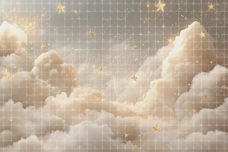 Golden Cloud Stars digital backdrop and photo booth background for Heavenly Photo Booth Baby Shower Event Decor and Stage Background, ideal for event decor, local printing, projector screens, LED displays, and themed stage backgrounds.