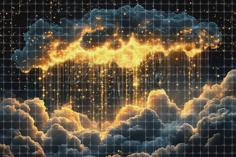 Gold Rain Cloud digital backdrop and photo booth background for Dreamy Photo Booth Celestial Event Decor and Theatre Stage, ideal for event decor, local printing, projector screens, LED displays, and themed stage backgrounds.