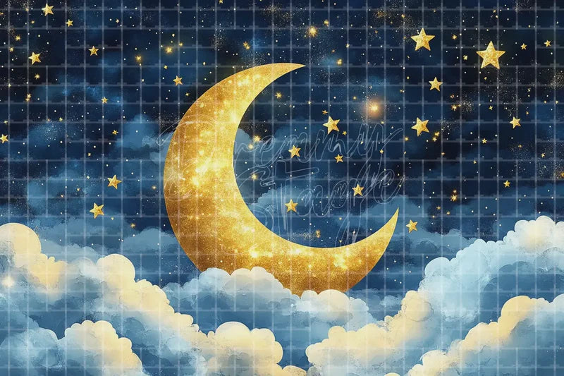 Moon and Stars Cloud digital backdrop and photo booth background for Nursery Photo Booth Baby Shower Event and Stage Background, ideal for event decor, local printing, projector screens, LED displays, and themed stage backgrounds.