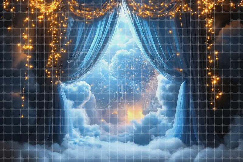 Curtain Cloud Window digital backdrop and photo booth background for Celestial Photo Booth Dream Event Decor and Theatre Stage, ideal for event decor, local printing, projector screens, LED displays, and themed stage backgrounds.