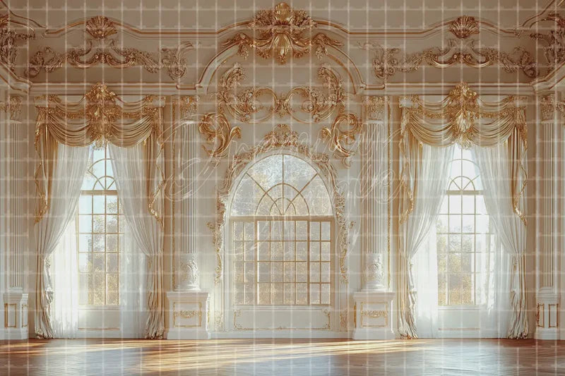 Ornate Cream Interior digital backdrop and photo booth background for Elegant Photo Booth Wedding Event Decor and Palace Stage, ideal for event decor, local printing, projector screens, LED displays, and themed stage backgrounds.