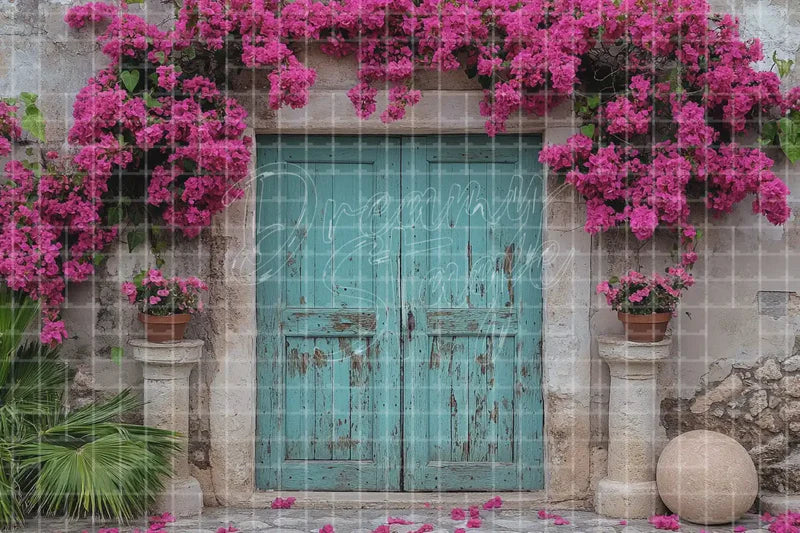 Turquoise Door Pink Flowers digital backdrop and photo booth background for Spring Photo Booth Garden Event Decor and Cottage Background, ideal for event decor, local printing, projector screens, LED displays, and themed stage backgrounds.