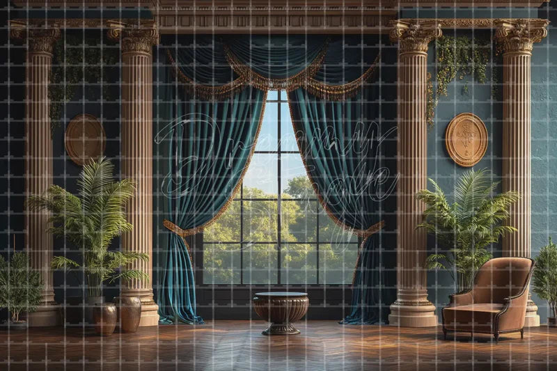 Dark Teal Curtain Room digital backdrop and photo booth background for Vintage Photo Booth Theatre Event Decor and Stage Interior, ideal for event decor, local printing, projector screens, LED displays, and themed stage backgrounds.